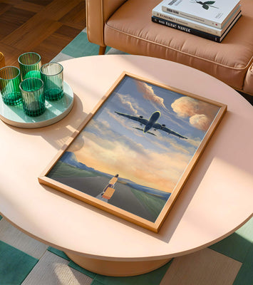 Serene airport departure with airplane and traveler at sunset