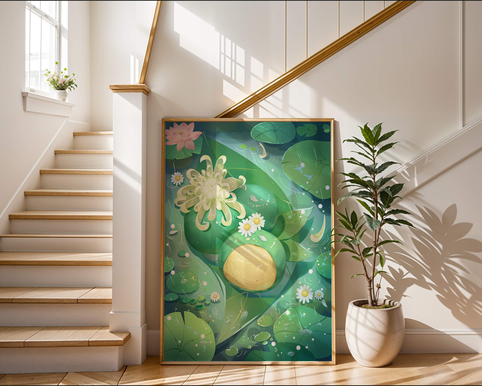 Lush aquatic scene with lotus flowers and green leaves