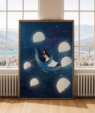 Dreamlike scene of a girl riding a whale among jellyfish in space