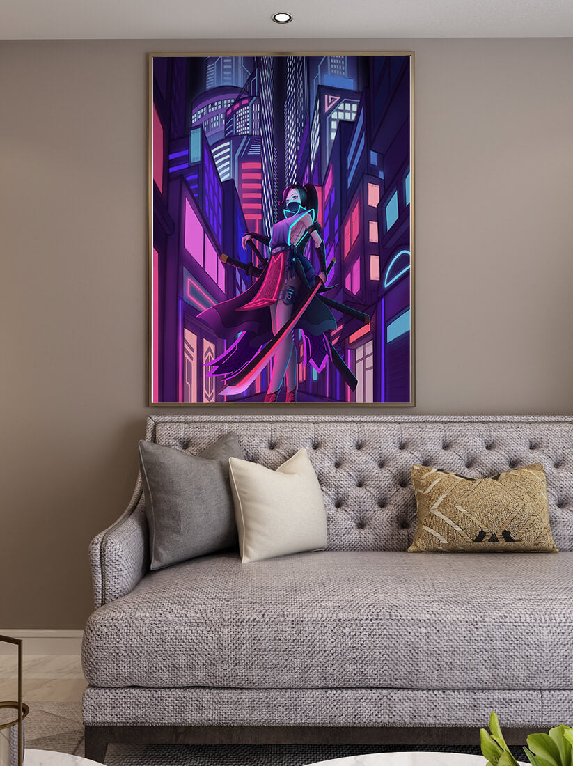 Futuristic cyberpunk cityscape with a female character and neon lights