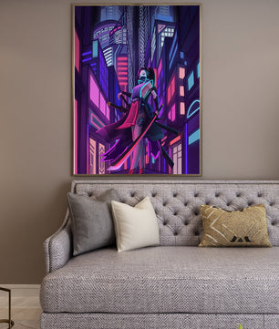 Paisaje urbano futurista de cibercpunk con una protagonista femenina y luces de neón