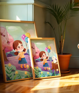 Charming Landscape with Girl Holding Balloons and White Bunny in Enchanted Forest