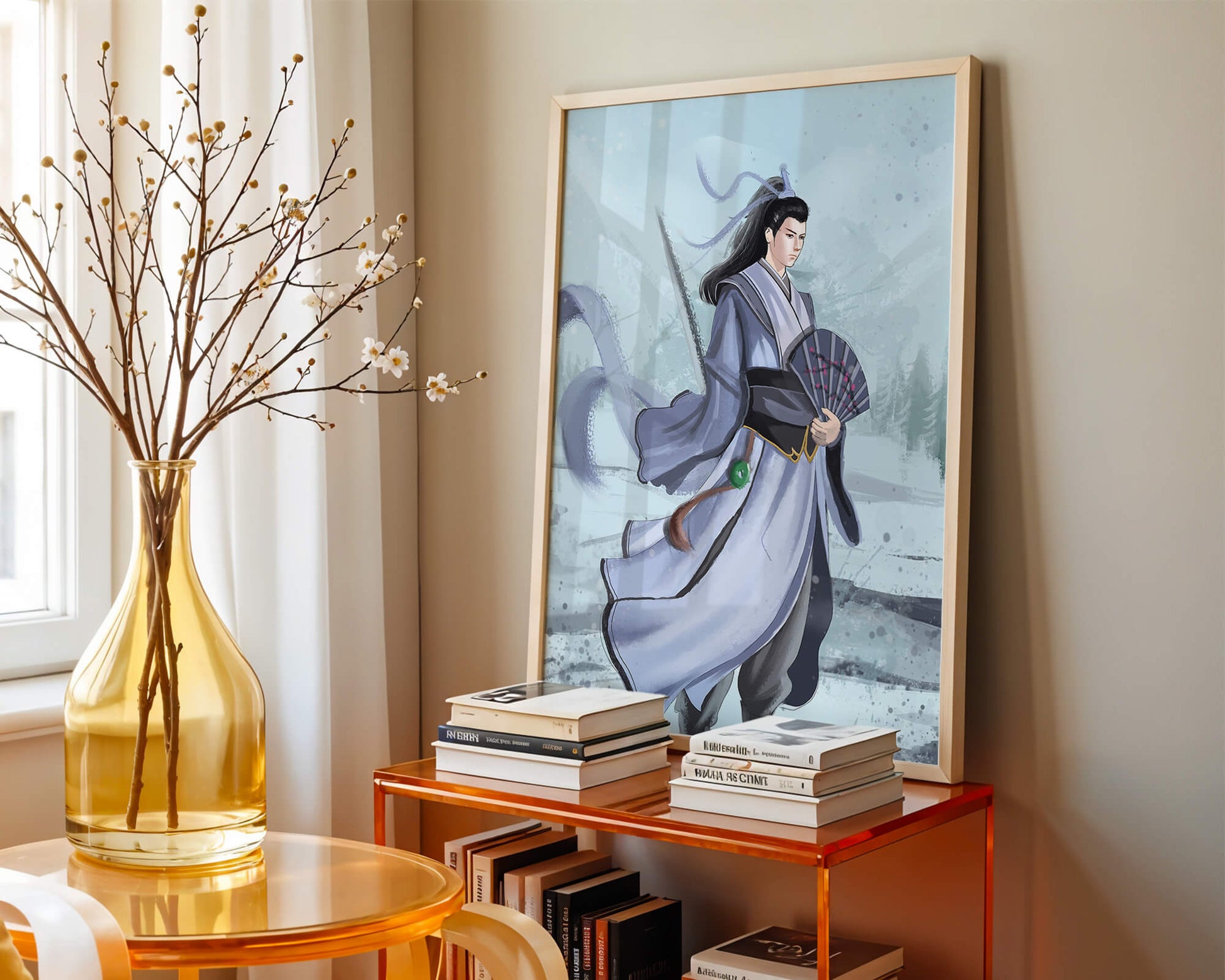Elegant warrior in traditional attire with flowing robes and fan