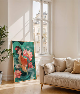 Charmante illustration d'une fille se reposant parmi des fleurs de lotus