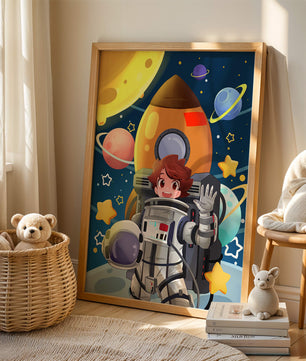 Young Astronaut with Rocket and Planets in Space Adventure
