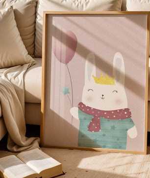 Ilustración adorable de un conejo con globo rosa y corona dorada