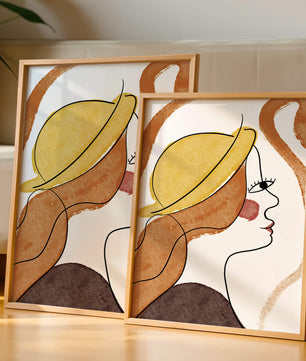 Retrato de línea moderna de una mujer con sombrero y colores vibrantes