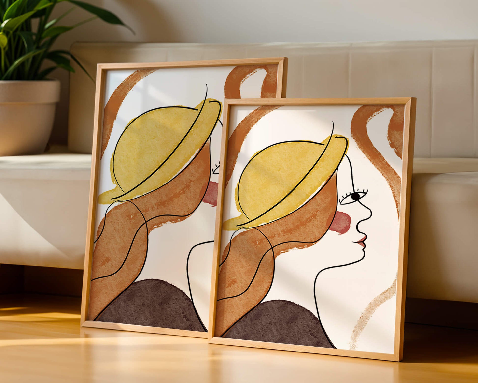 Retrato de línea moderna de una mujer con sombrero y colores vibrantes