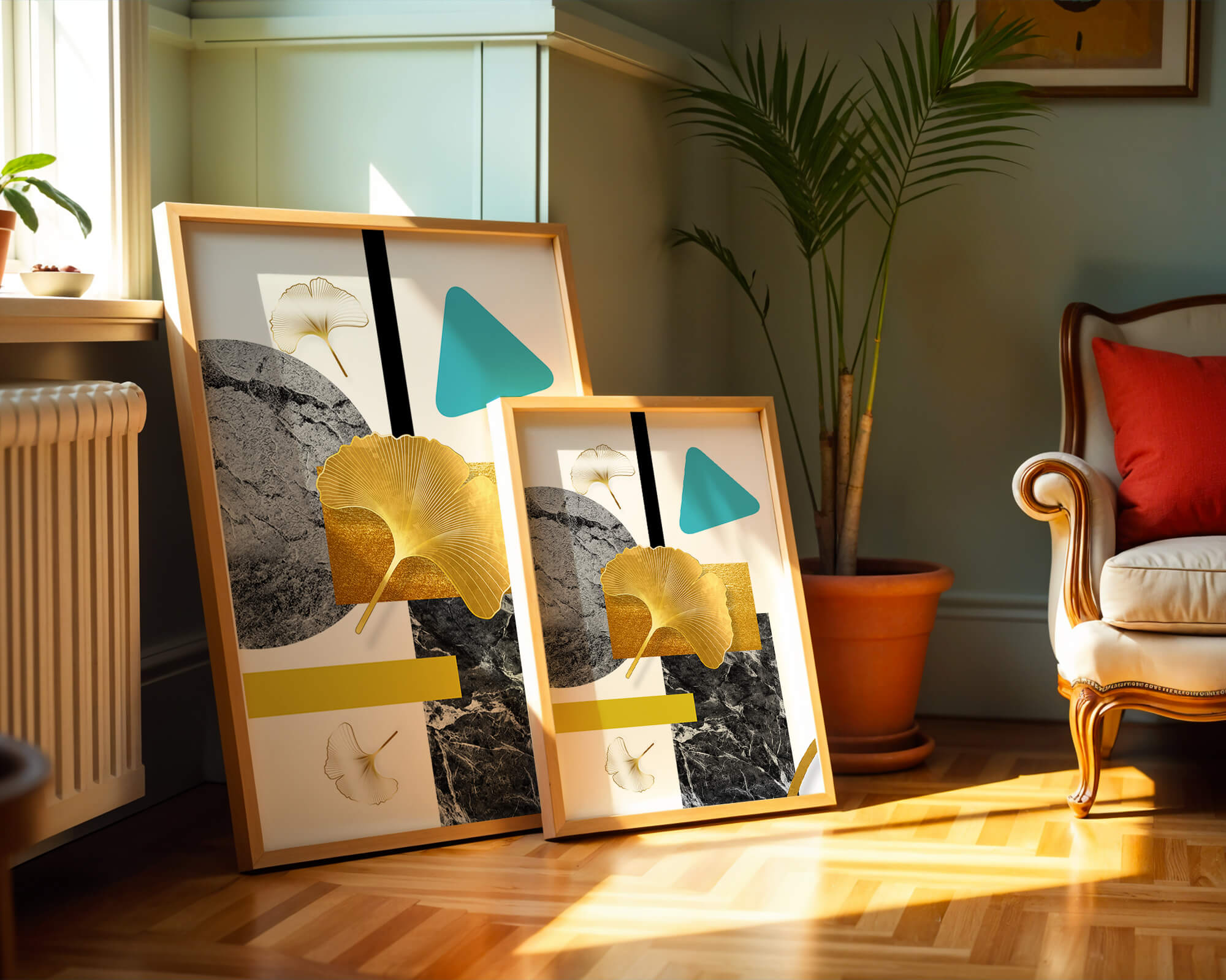 Geometric Abstract Composition with Gold Ginkgo Leaves