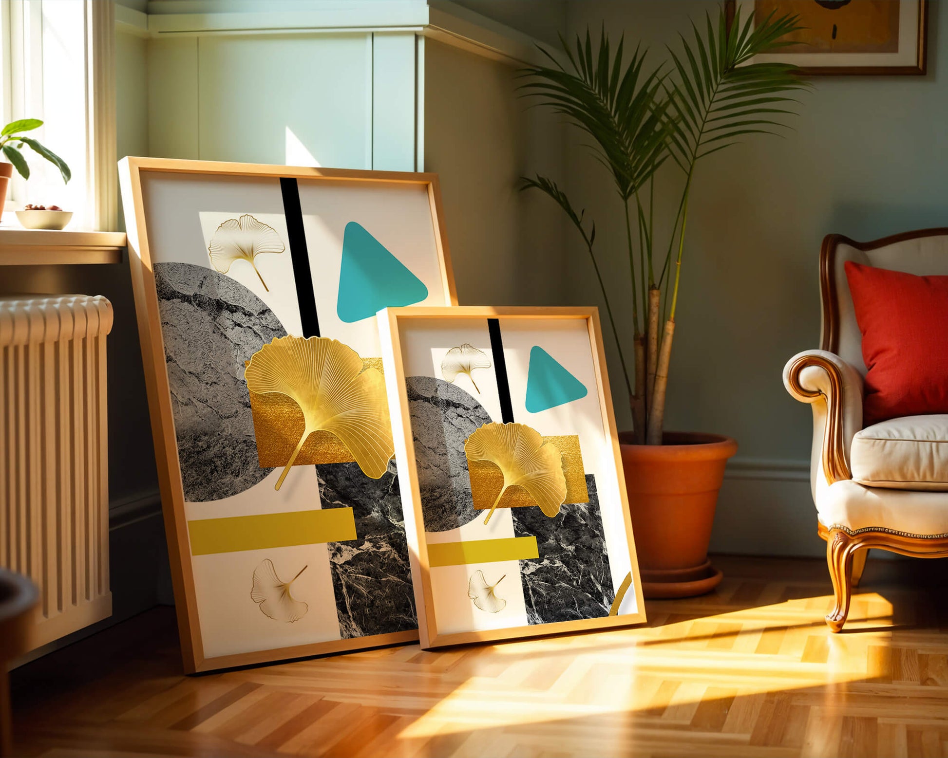 Geometric Abstract Composition with Gold Ginkgo Leaves