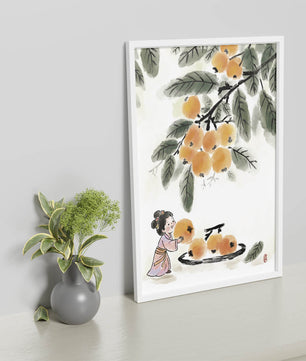 Arte japonés con una niña recogiendo caquis bajo un árbol