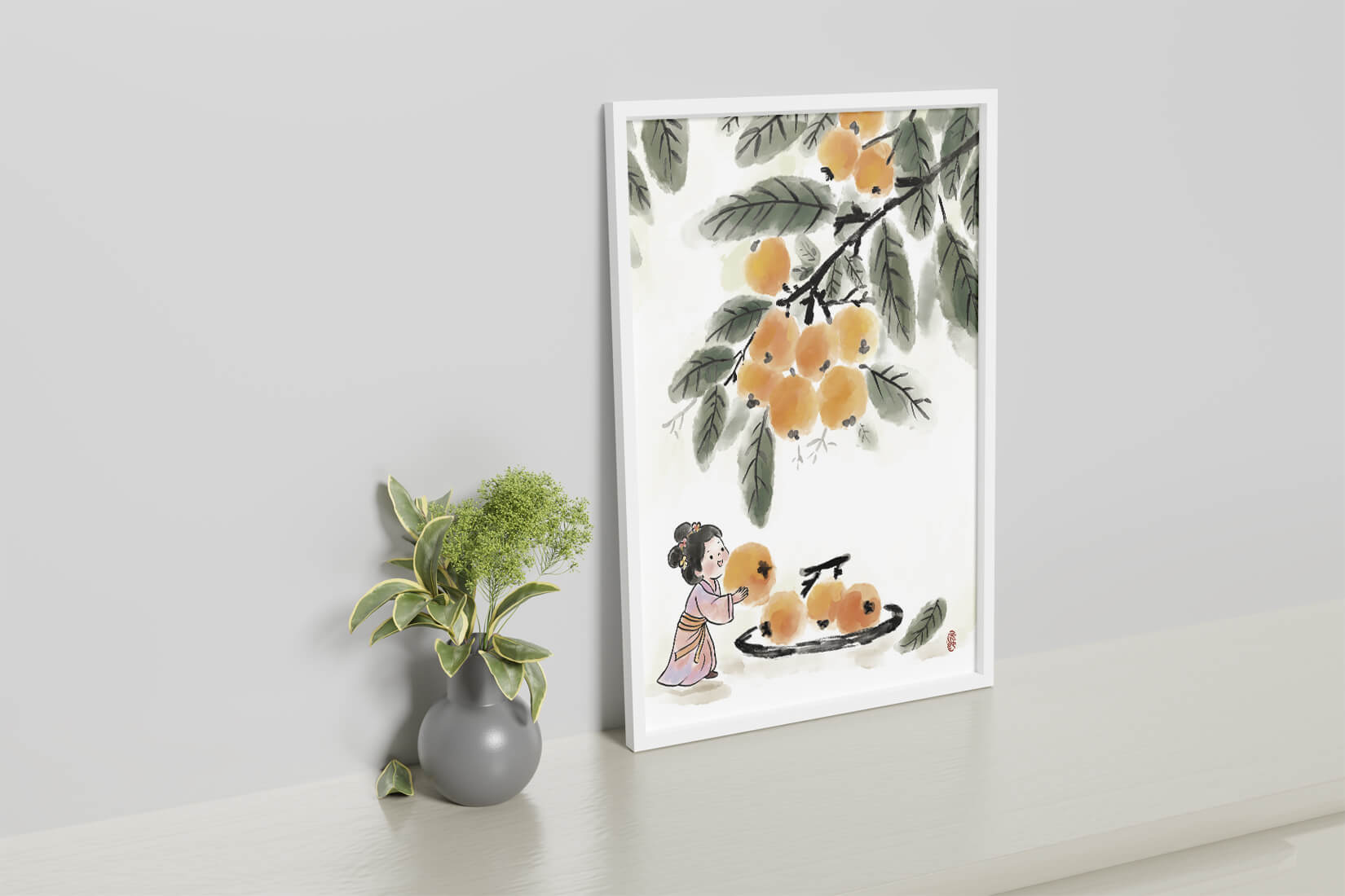 Arte japonés con una niña recogiendo caquis bajo un árbol