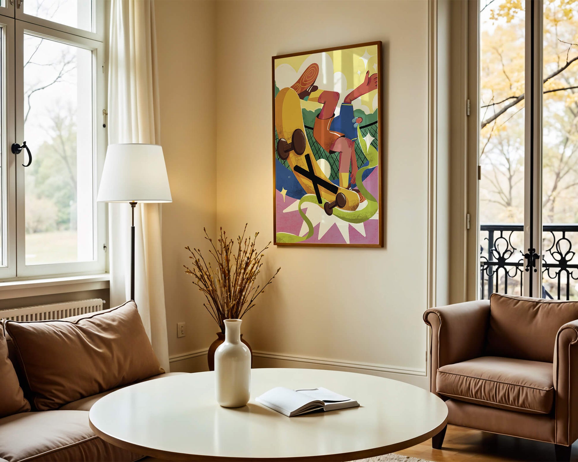 Ilustración abstracta colorida con un skater en movimiento dinámico