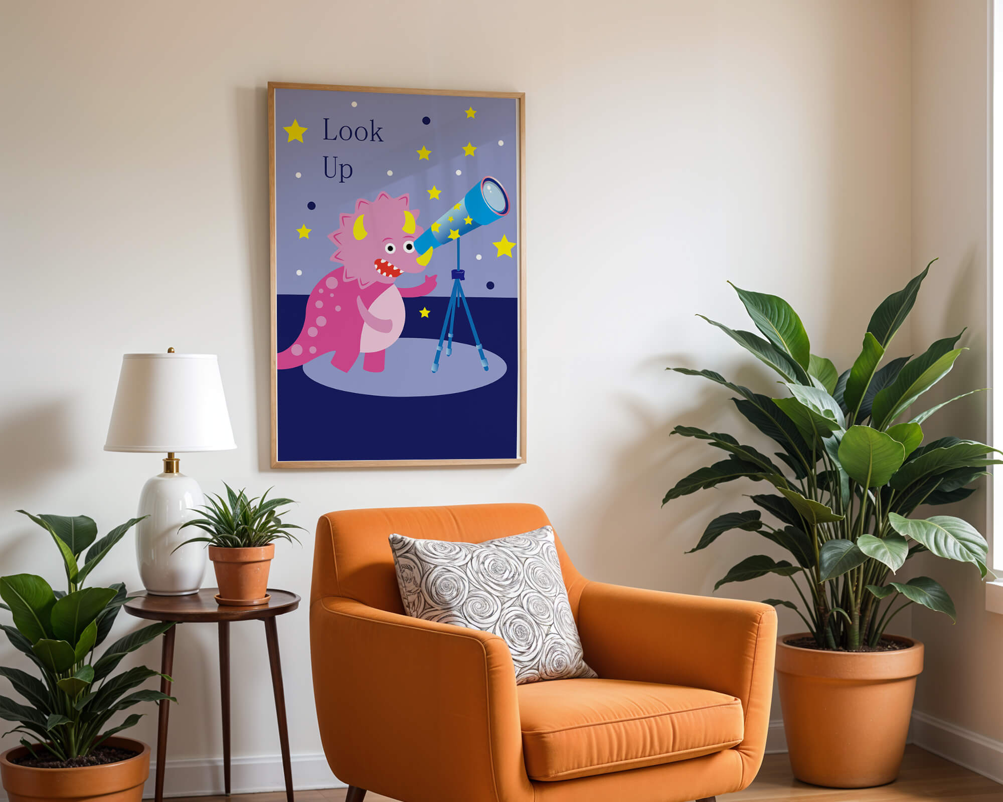 Pink cartoon dinosaur looking through a telescope with stars