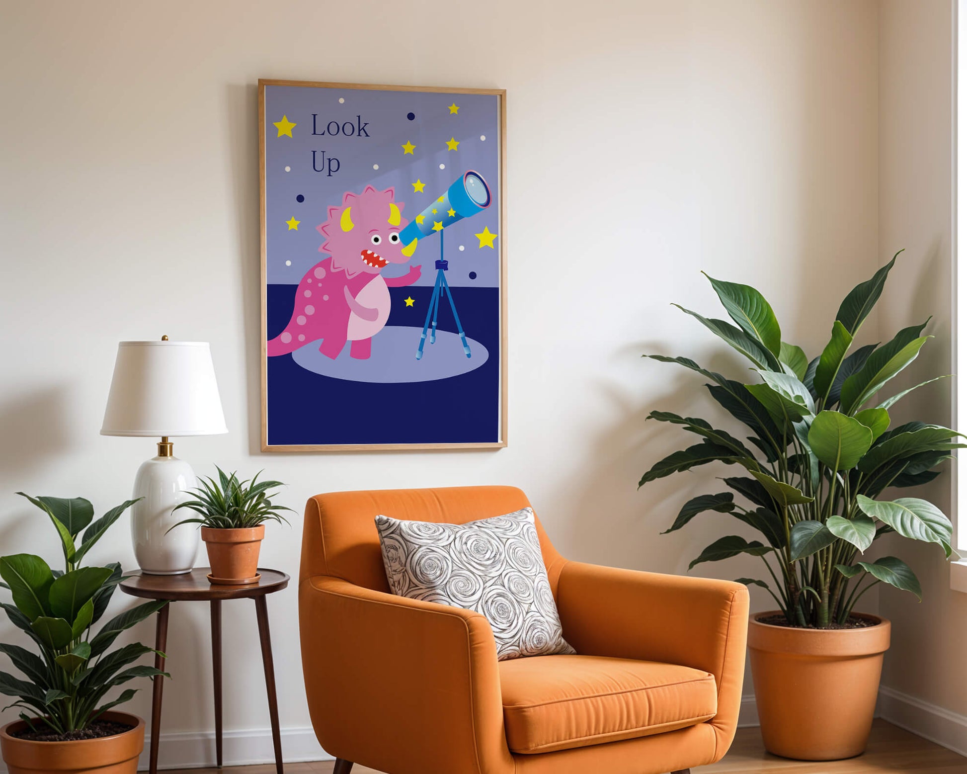 Pink cartoon dinosaur looking through a telescope with stars