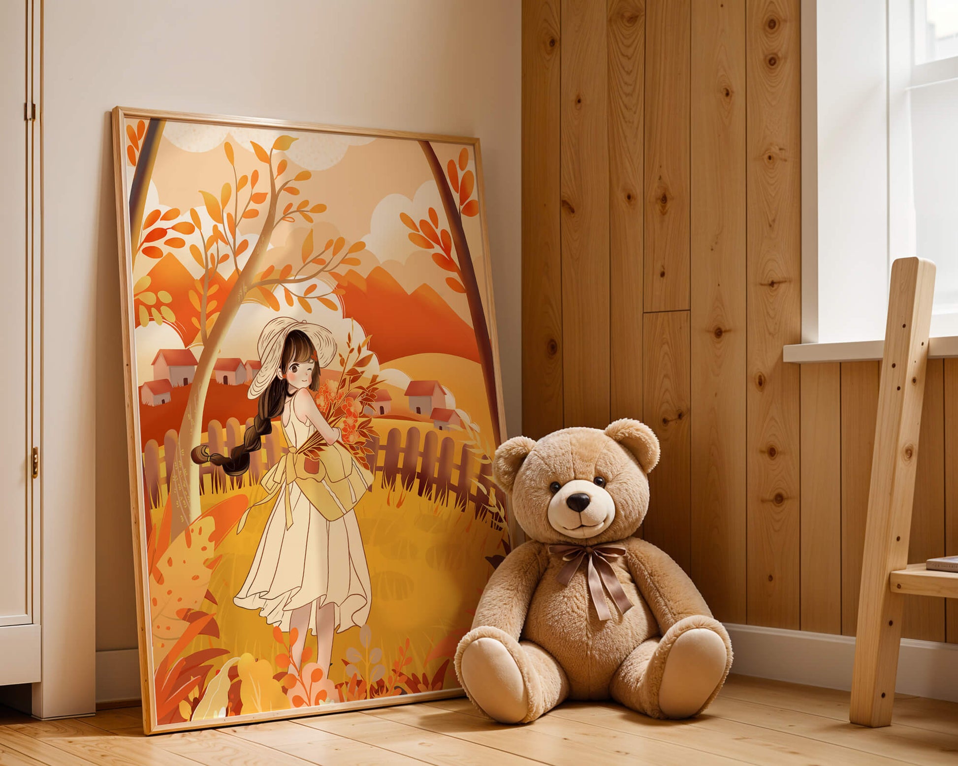 Illustration of a Girl in a Yellow Dress in Autumn Scenery