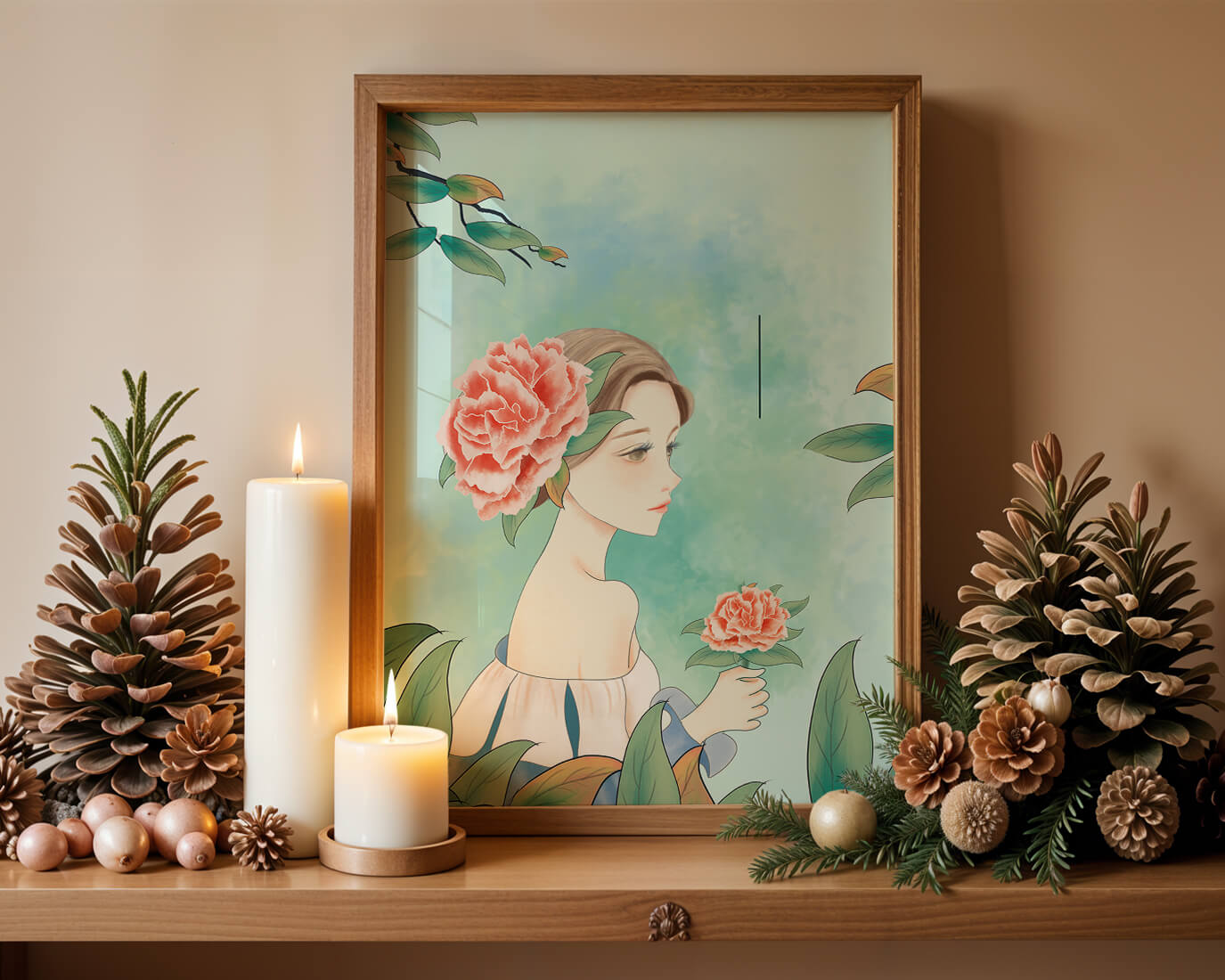 Illustration of a woman with a flower and text saying "Hello, July"