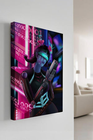 Futuristic Cyborg Woman in Digital Neon Landscape - Mi tienda