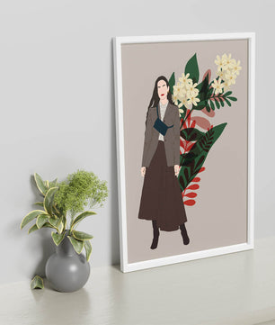 Elegant woman illustration with floral background in earthy tones