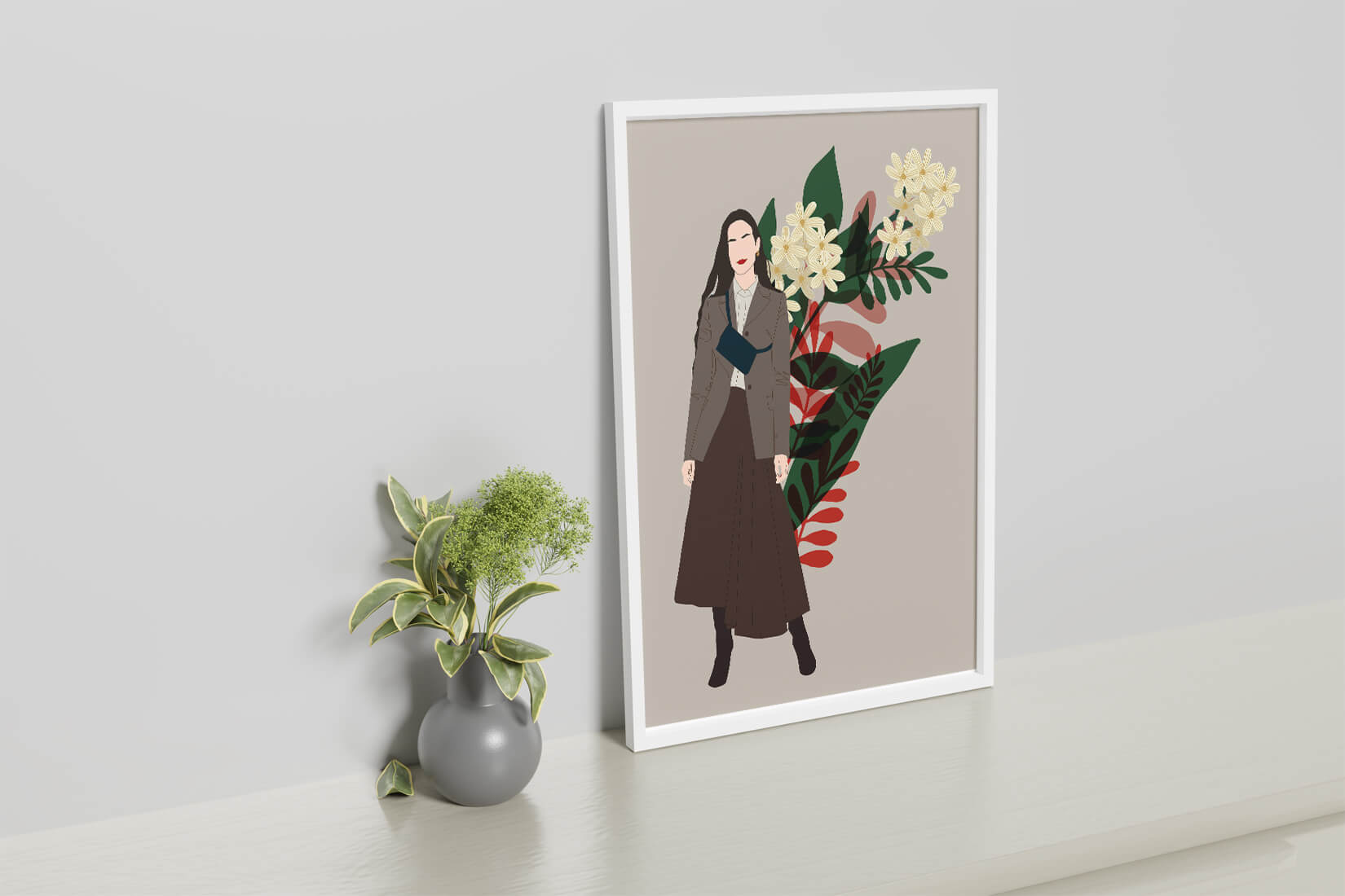 Elegant woman illustration with floral background in earthy tones