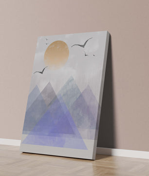Abstract Mountain Landscape with Geometric Elements and Soaring Birds