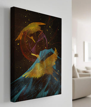 Grullas elegantes en danza cósmica con acentos dorados y azules