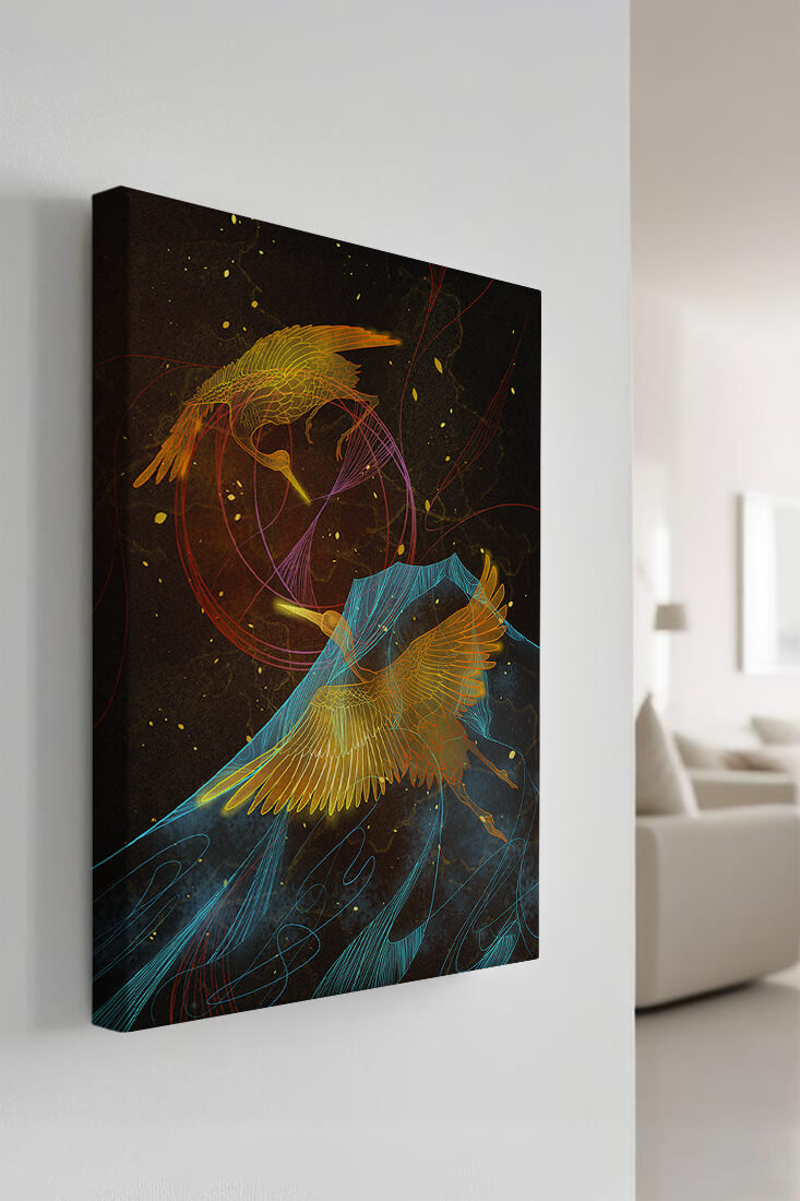Elegant Cranes in Cosmic Dance with Golden and Blue Accents
