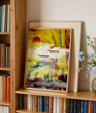 Abstract Landscape with Swirling Colors and Red Sun