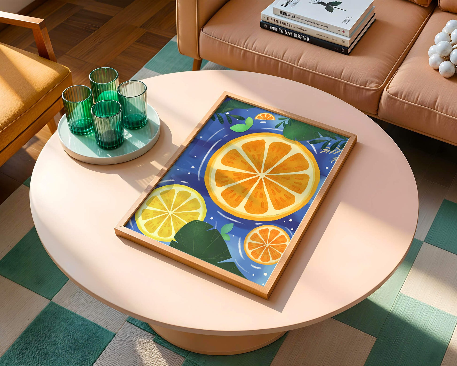 Rodajas de cítricos coloridas sobre fondo azul con hojas tropicales