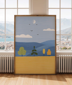 Colorful Landscape with Trees and Birds in a Serene Field