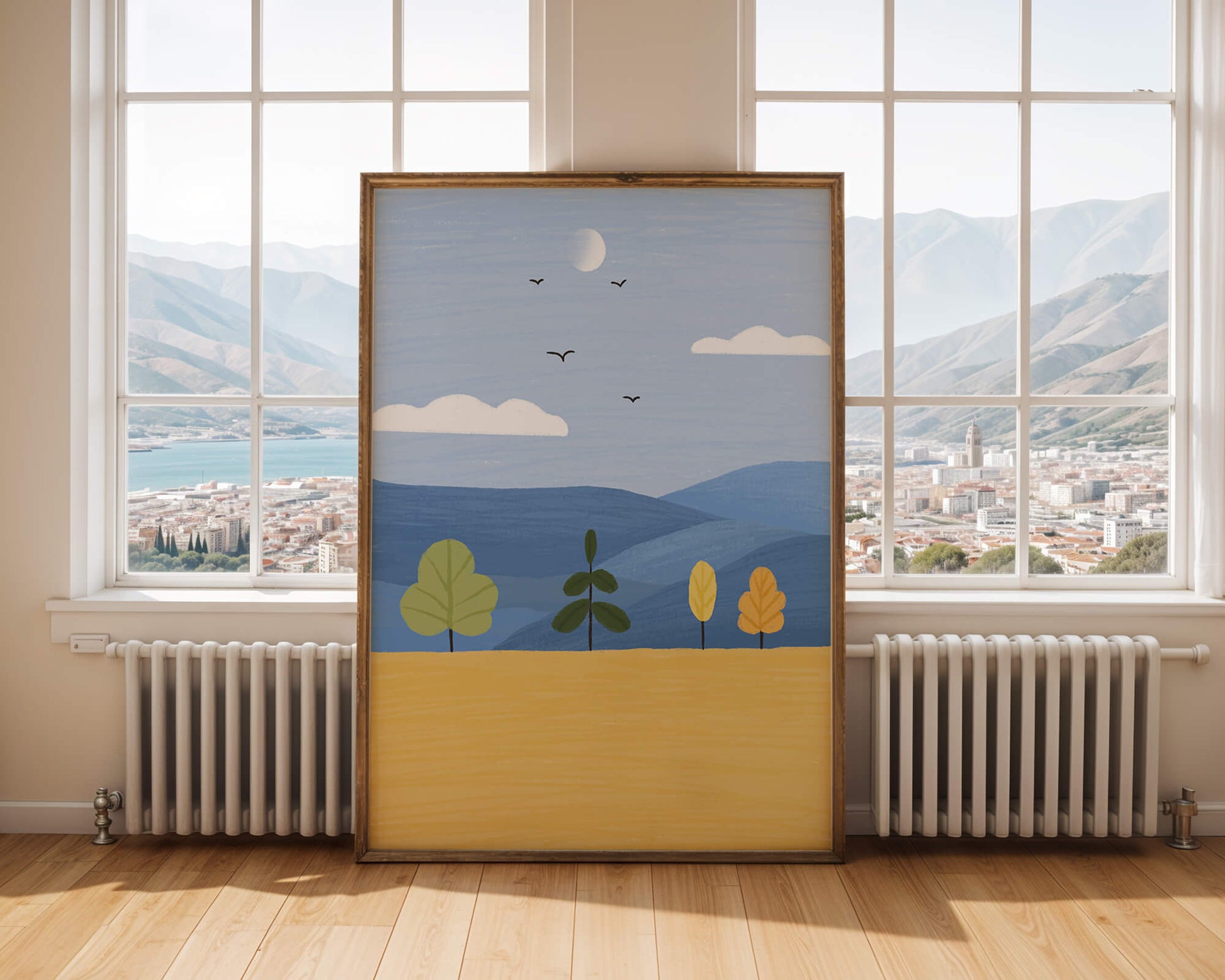 Paisaje colorido con árboles y aves en un campo sereno