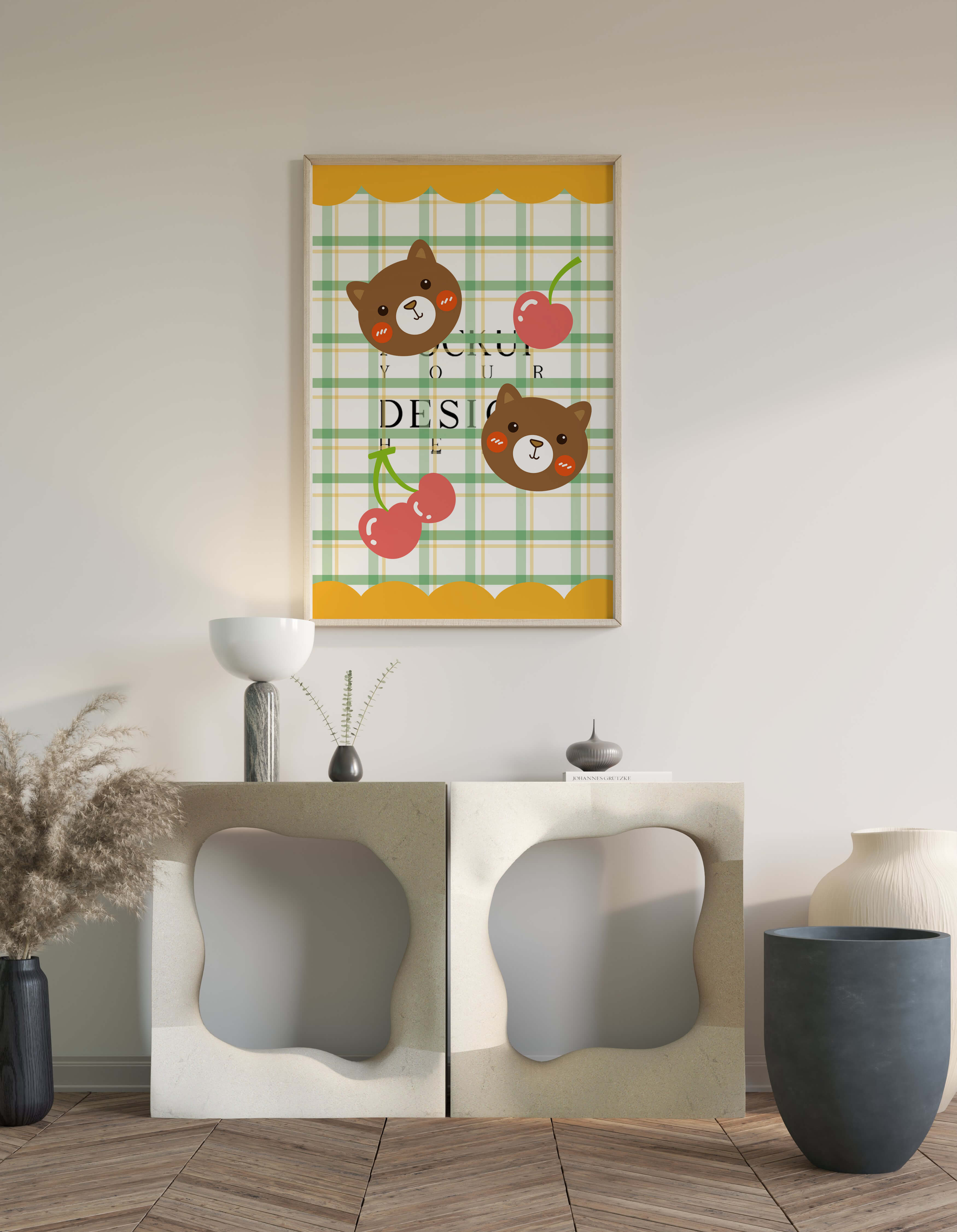 Playful bear and cherry pattern with plaid background