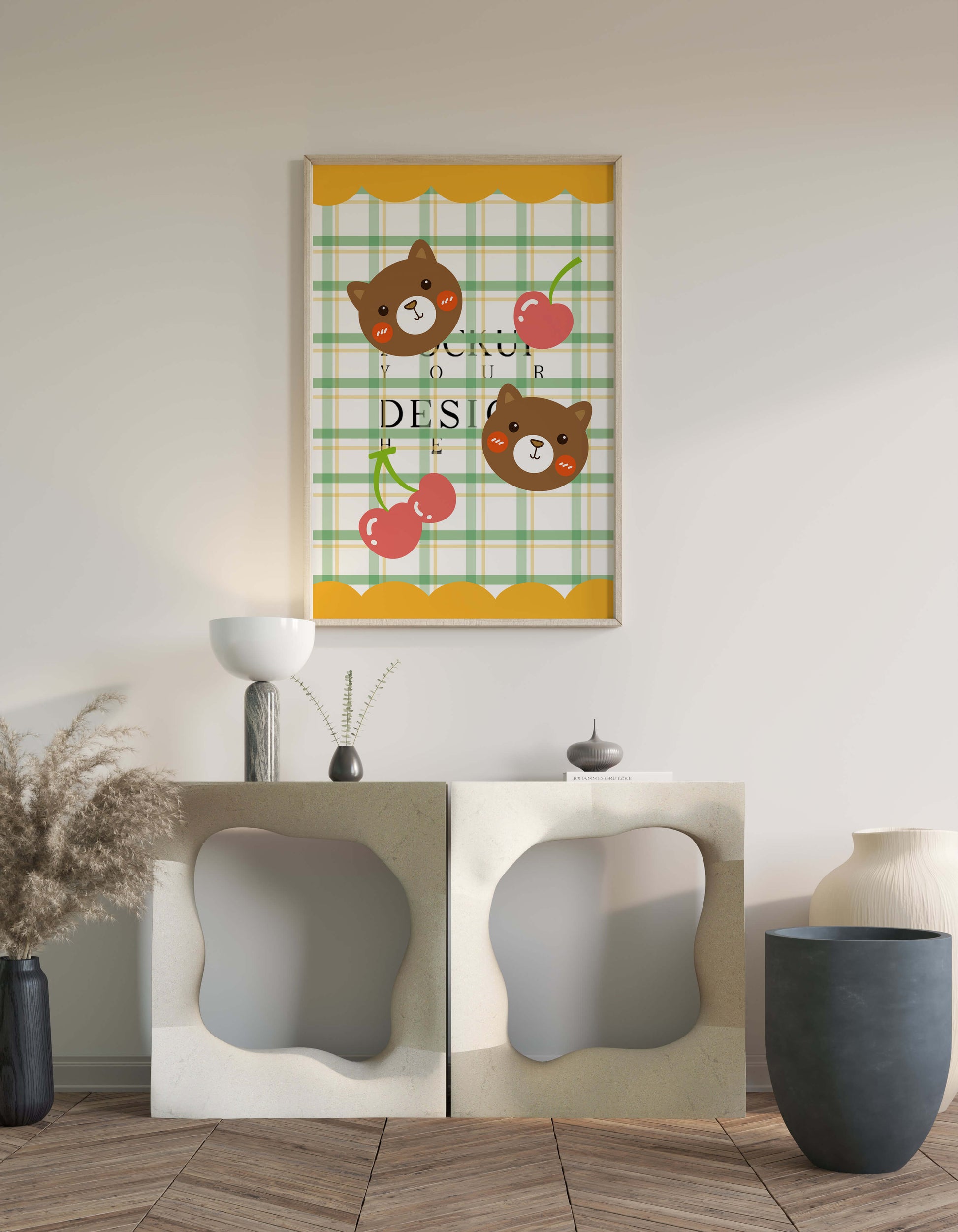 Playful bear and cherry pattern with plaid background