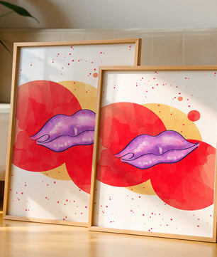 Vibrant Abstract Artwork Featuring Purple Lips on Watercolor Background