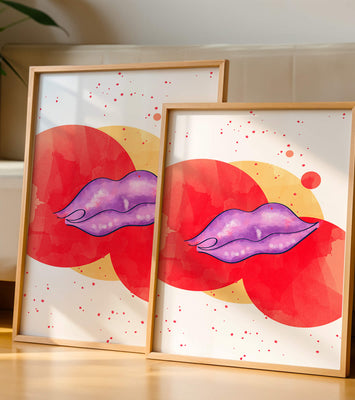 Vibrant Abstract Artwork Featuring Purple Lips on Watercolor Background