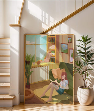 Cozy Living Room with a Reading Girl and Cat by the Window