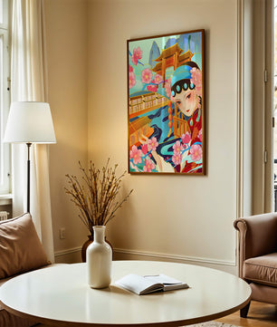 Traditional Asian art with cherry blossoms and architecture