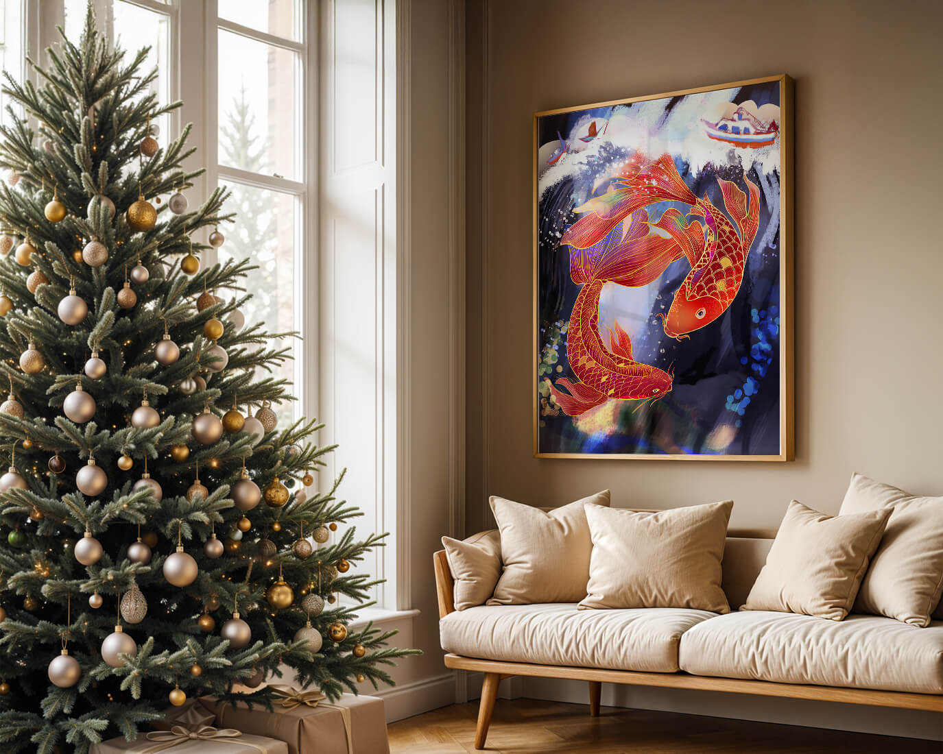 Representación artística de peces koi nadando con barcos en colores vibrantes.
