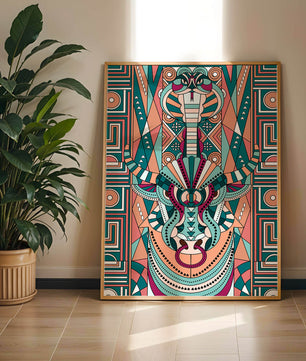 Arte tribal geométrico con motivos de serpiente y toro