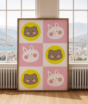Diseño de patrones de animales juguetones con caras de osos y conejos en colores pastel