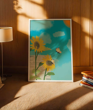 Sunflowers And Butterflies Under A Bright Blue Sky