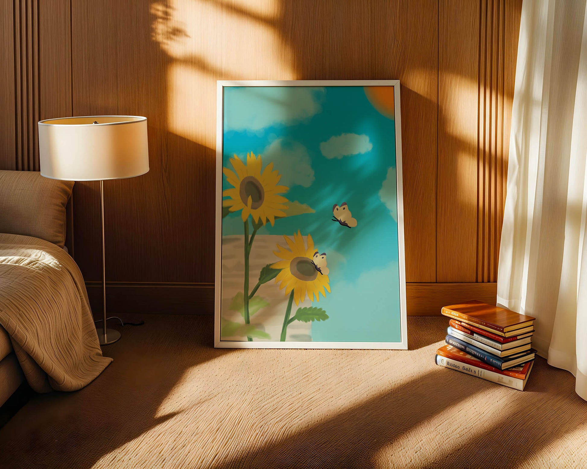 Sunflowers And Butterflies Under A Bright Blue Sky