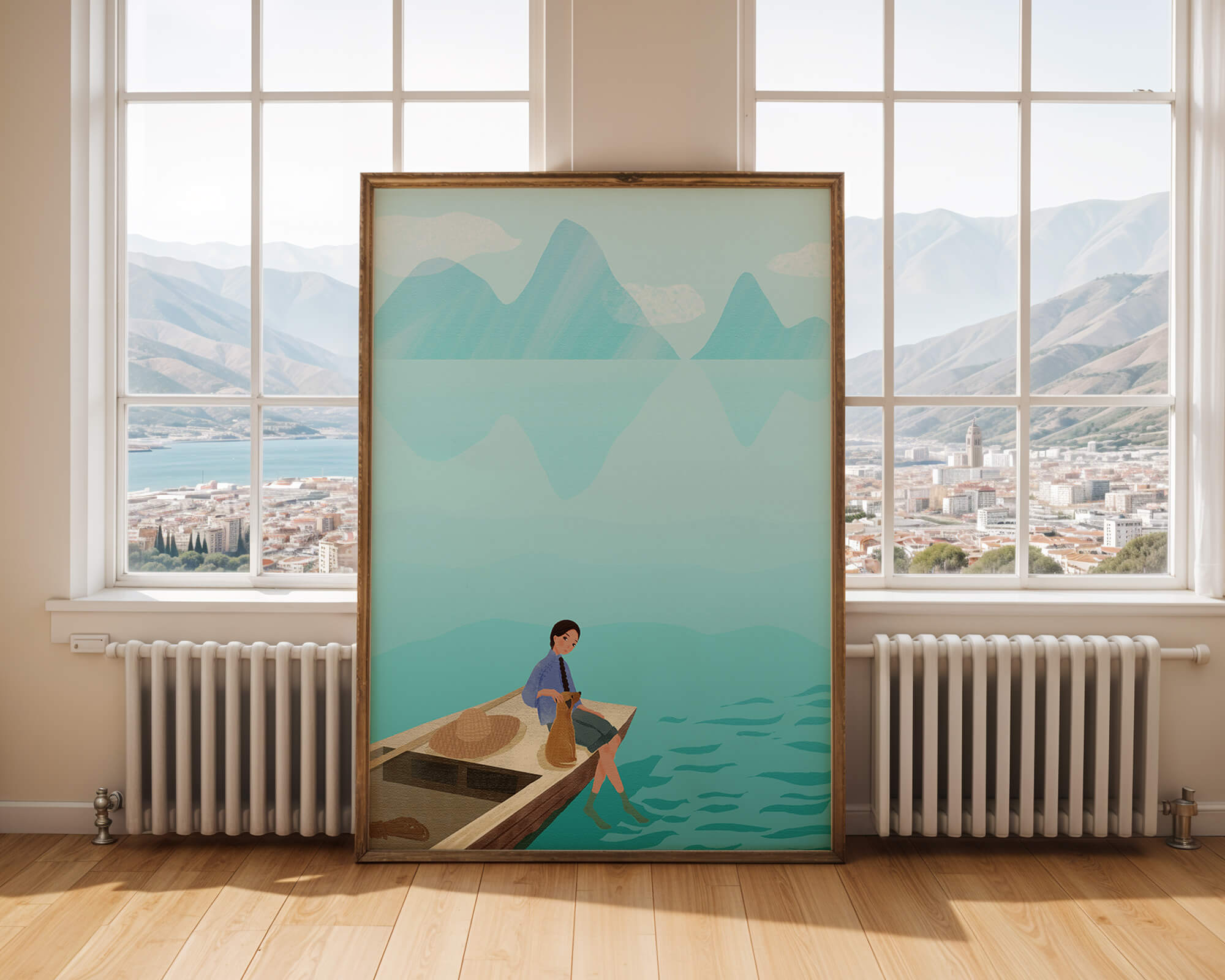 Serene scene with woman and dog on a boat by tranquil waters