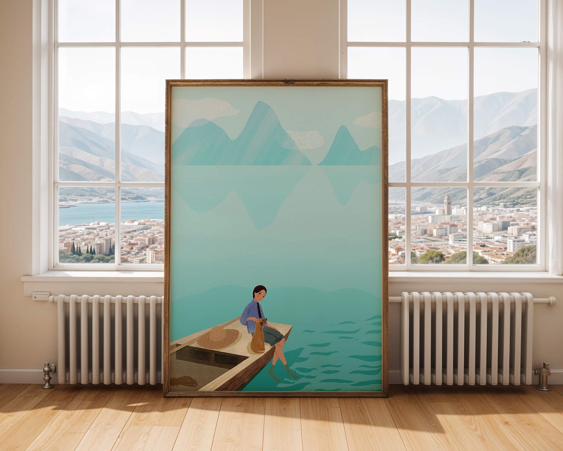 Serene scene with woman and dog on a boat by tranquil waters