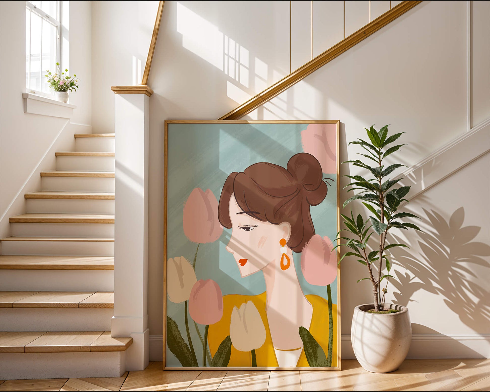 Serene woman surrounded by pastel tulips illustration