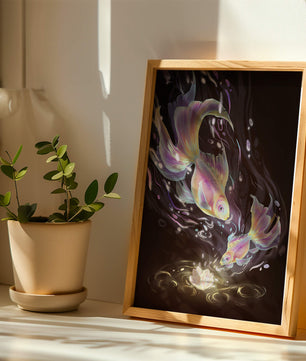 Colorful Koi Fish in a Dreamlike Underwater Scene with Illuminated Elements