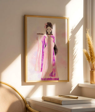 Illustration élégante à l’aquarelle d’une femme traditionnelle en tenue rose