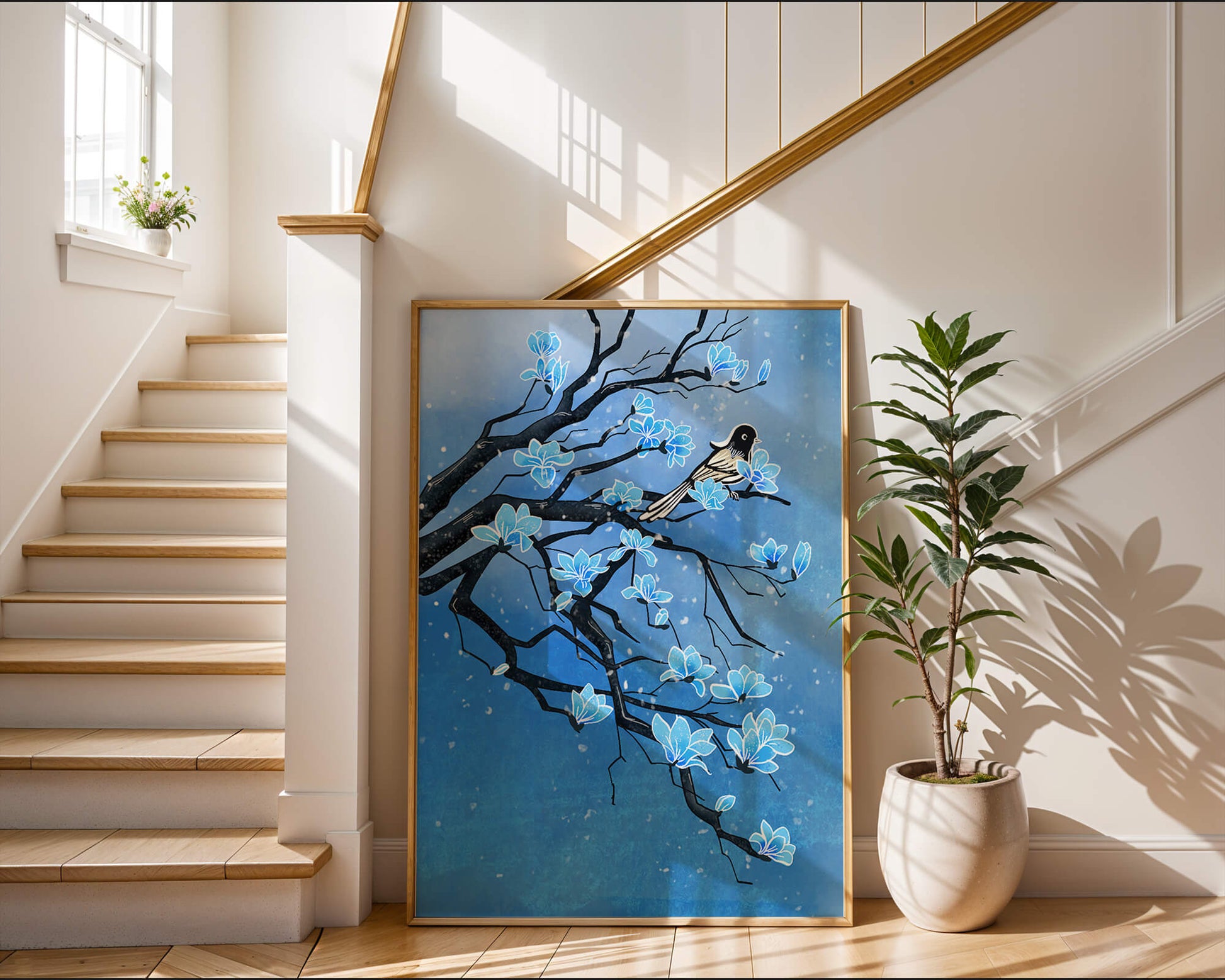 Bird on a branch with blue flowers against a snowy background