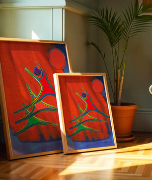 Abstract colorful artwork with dynamic figures and bold colors
