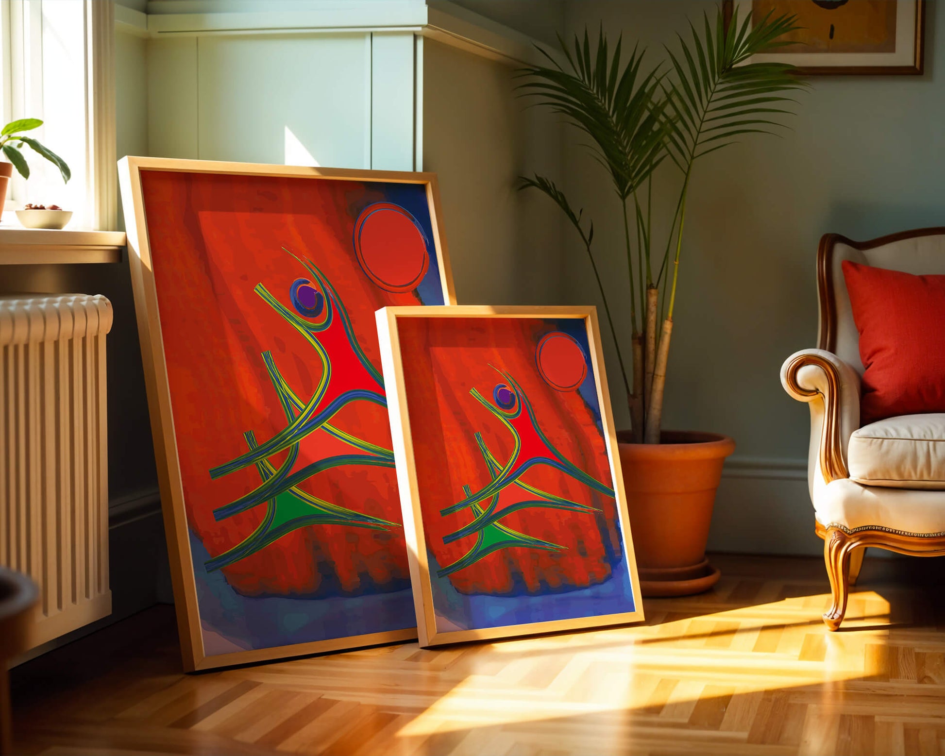 Abstract colorful artwork with dynamic figures and bold colors